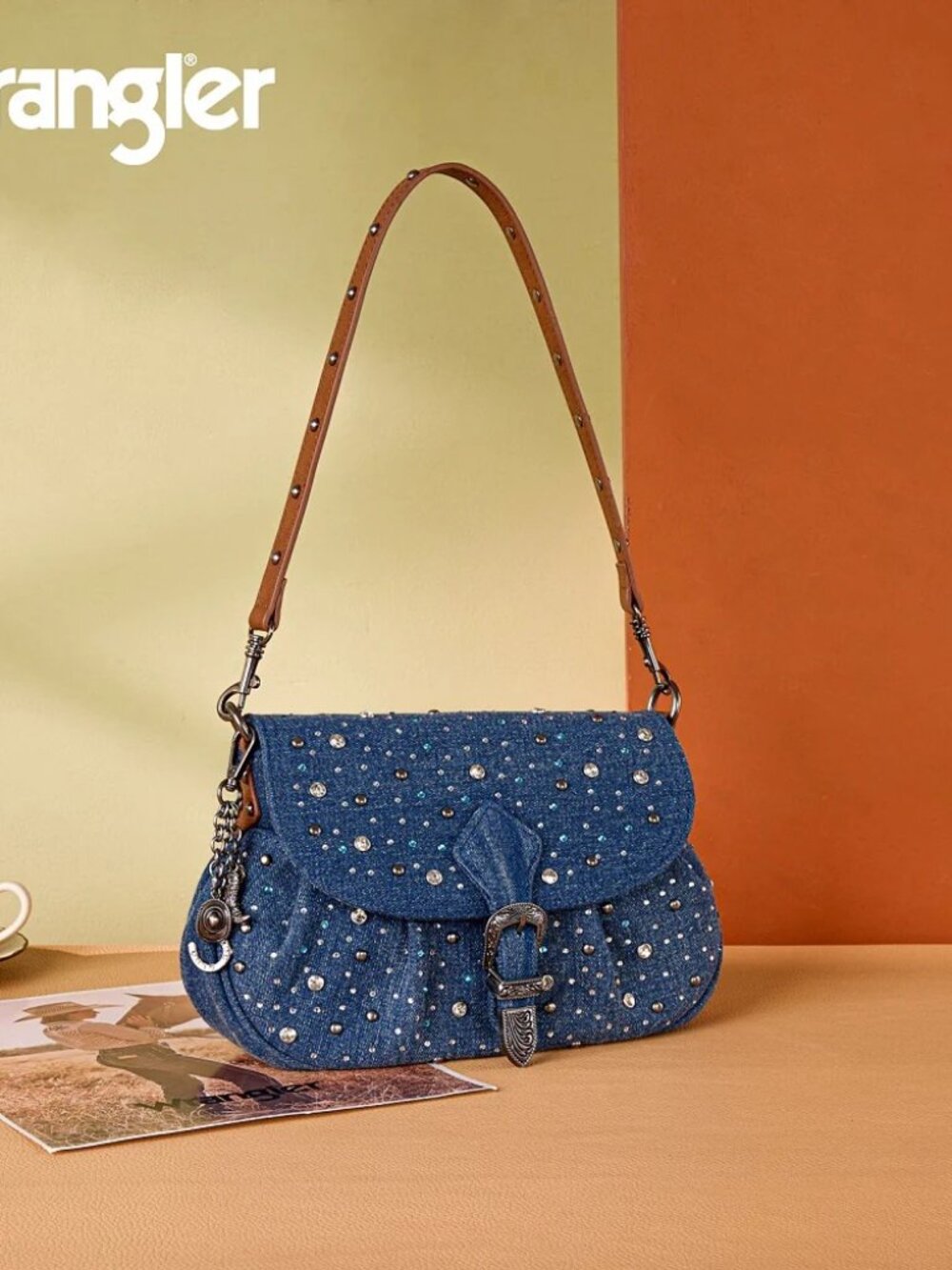 Wrangler Western Rhinestone Denim Flap Crossbody Shoulder Bag Dark Jean